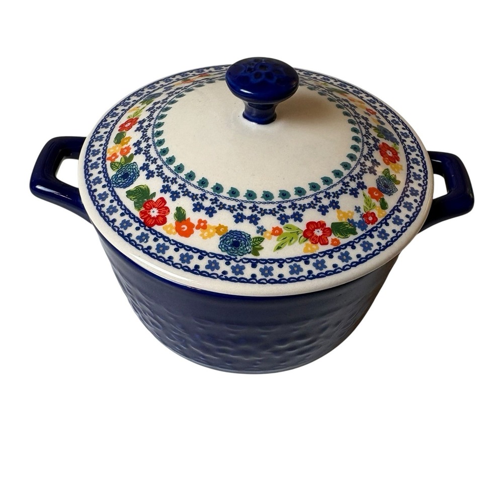 The Pioneer Woman Mini Casserole Dish Cobalt Blue Pot with Floral Lid Dip Sauce